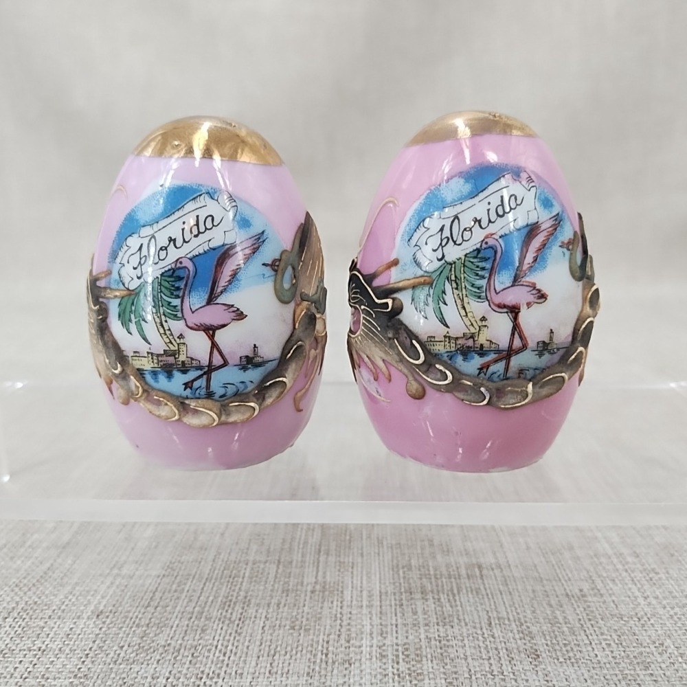 Vtg Florida Lustreware Egg Shape Ceramic Souvenir Salt Pepper Shakers Pink/Gold